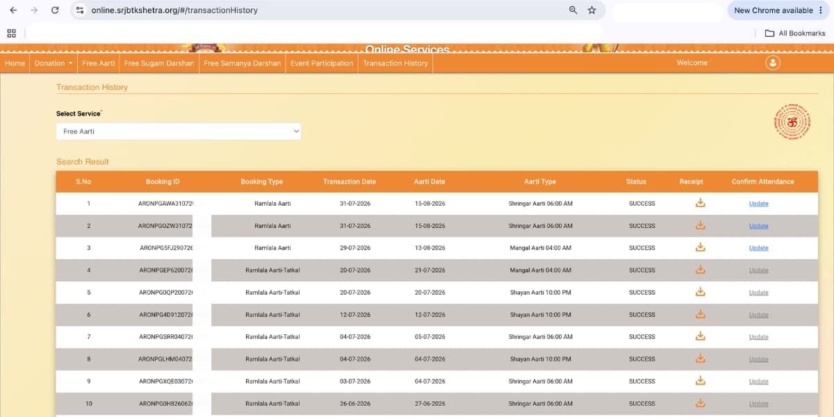 Ayodhya Varanasi Guides' real Ram Mandir aarti pass booking history, showing daily bookings
